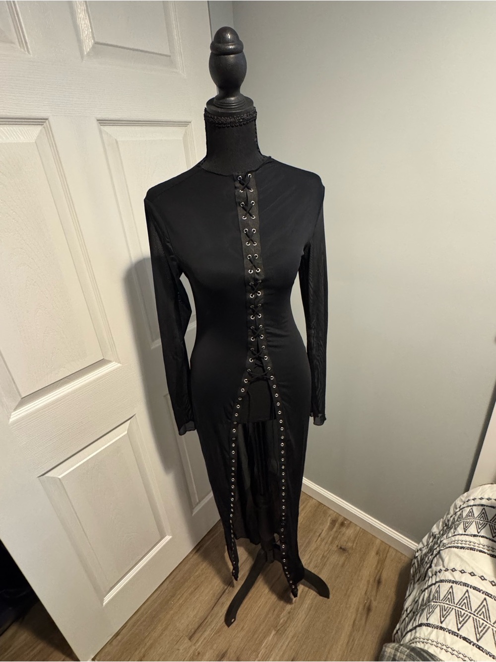 SHEIN Black Long Sleeve Mesh Lace-Up Front Maxi Dress
